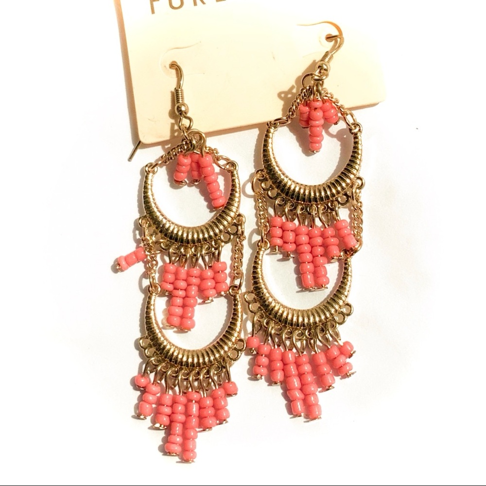 🆕 Gold Boho Pink Bead Fringe Dangle Drop Earrings NWT